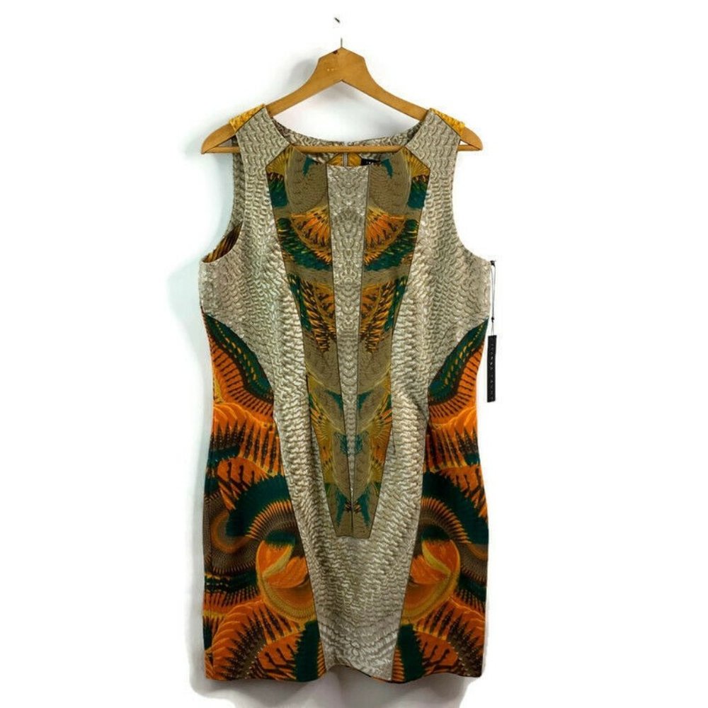 Ivanka Trump Womens Coral Combo Multicolor Sheath Dress Back Zip Sleeveless 14